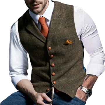 Brown Casual Gentleman Men's Army Green Vest Plaid