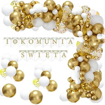 BALONY Girlanda Balonowa Biało Złota Konfetti Zestaw Baner I Komunia Święta
