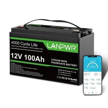 LANPWR AKUMULATOR BATERIA LIFEPO4 1280WH 12V 100A BMS Z BLUETOOTH