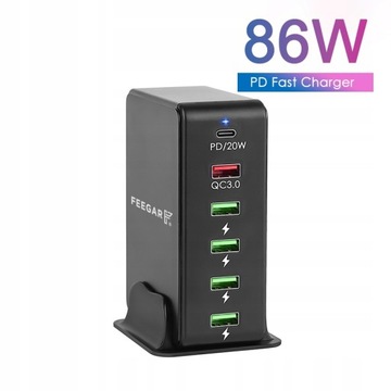 Сетевое зарядное устройство Feegar мощностью 86 Вт, 5x USB, 1 x Type-C PD