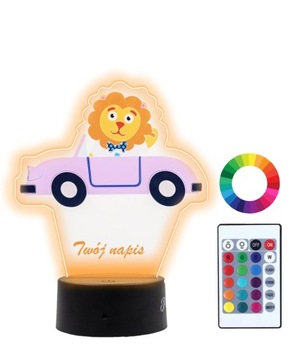Lampka Nocna z Nadrukiem 3D LED Samochód Lew Imię