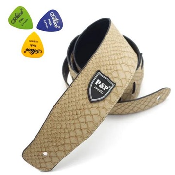 Pasek do gitary P&P Beżowy Vegan Leather skóra węża PAS gitarowy KOSTKI
