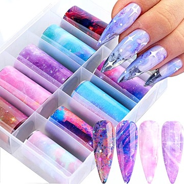 10 x FOLIA TRANSFEROWA ZESTAW DO ZDOBIENIA MANICURE HYBRYD GALAKTYKA 1