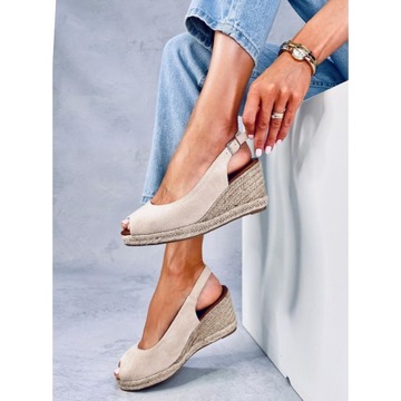 Espadryle open toe na koturnie Beige r.40