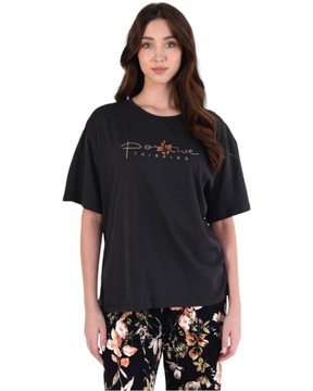 Piżama damska bawełniana koszulka i długie spodnie czarna w kwiaty 4XL