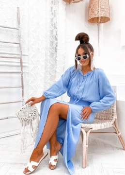 ЖЕНСКИЙ ЛЕТНИЙ МИСЛИНОВЫЙ КОМПЛЕКТ, БЛУЗКА И ЮБКА PL PROD PREMIUM BLUE L/XL