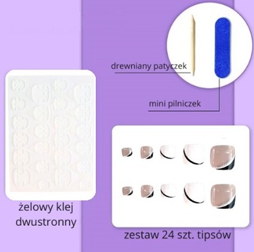 PAZNOKCIE SZTUCZNE TIPSY DO STÓP SAMOPRZYLEPNE NA STOPY FRENCH BROKAT 24SZT