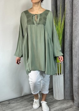 WŁOSKA TUNIKA Z OZDOBNYM DEKOLTEM WISKOZA KHAKI UNI PLUS SIZE 50-58