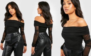 3F5B43 P29 BOOHOO PETITE CZARNE SIATECZKOWE BODY BARDOT S