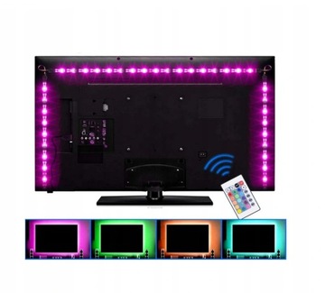 KOLOROWA TAŚMA LEDOWA DO TV USB RGB PODŚWIETLENIE LED 5V + PILOT LEDY 2M