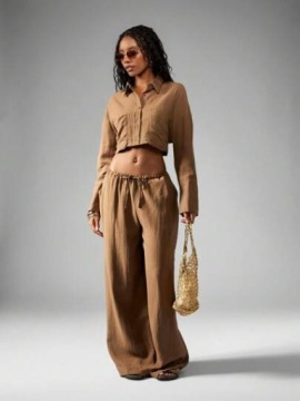 MISSGUIDED DASMKI КОМПЛЕКТ КОРОТКАЯ РУБАШКА И БРЮКИ СО ЛЬНОМ КОРИЧНЕВЫЙ S 1JK