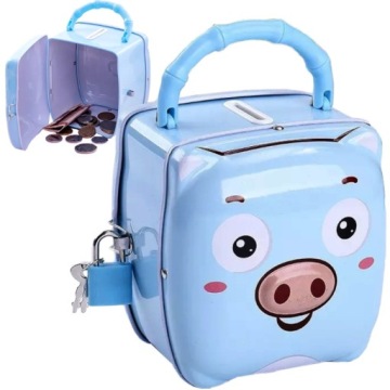 SKARBONKA DLA DZIECKA METALOWA ŚWINKA OTWIERANA NIEBIESKA + KŁÓDKA