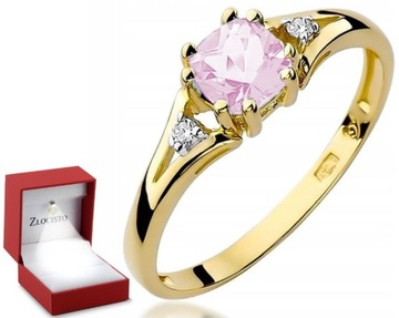 ZŁOTY PIERŚCIONEK RÓŻOWY TOPAZ DIAMENTY 585 GRAWER