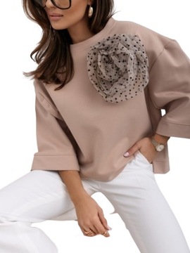 COCOMORE BLUZA oversize DAMSKA BEŻOWA Z KWIATEM ROSSA M/L Nowość