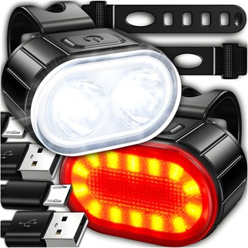 MOCNA LAMPKA ROWEROWA PRZEDNIA TYLNA LED WODOODPORNA AKUMULATOR USB ZESTAW