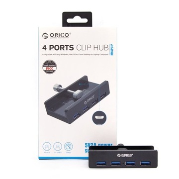 Orico Hub aktywny czarny biurkowy przykręcany 4x USB-A 5Gbps + kabel USB