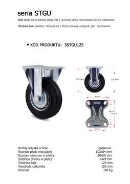 KOMPLET 4 SZT. KÓŁ fi 125 wózek regał 4x3STGU125