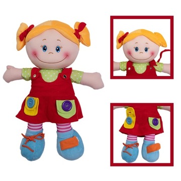 LALKA PRZYTULANKA SENSORYCZNA W CZERWONEJ SUKIENCE DLA DZIECI 46 CM