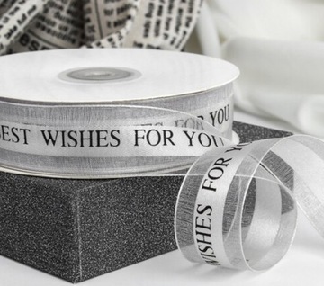 Srebrna Tasiemka Best Wishes 25MM Wstążka