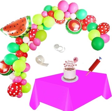 Komplet dekoracji urodzinowych OWOCE ponad 100 sztuk (obrus, toper, balony,
