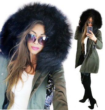 6227-1 PARKA cekiny ciepła CZARNE FUTRO MISIU XL