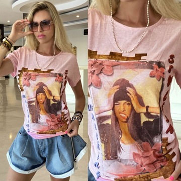 BAWEŁNIANY T-SHIRT DAMSKI TSHIRT LETNI RÓŻOWY MELANŻ FACE TWARZ 689A