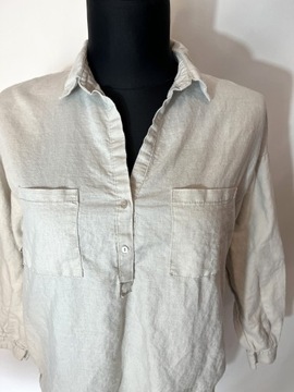 MANGO koszula damska bluzka lniana beżowa na upały 42/44