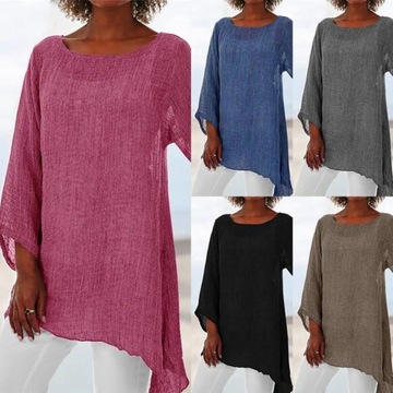 Hot Blouse Women Solid Color Cotton Linen O-Neck L