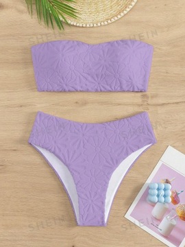 STRÓJ KĄPIELOWY BIKINI TEKSTUROWANY W KWIATY BANDEAU FIGI FIOLETOWY L 40