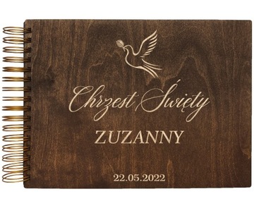 DREWNIANY ALBUM NA ZDJĘCIA CHRZEST ŚWIĘTY PREZENT PAMIĄTKA Z GRAWEREM