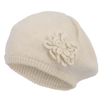 W339B Beżowy Damski modny beret z kwiatkiem