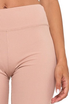 Legginsy Damskie Prążkowane Modne Klasyczne Wysoki Stan Kryjące Beżowe L/XL