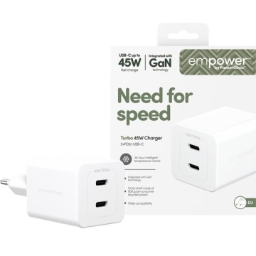 Síťová nabíječka 45W 2x Usb-c, empower by PanzerGlass, malá výkonná GaN Pd