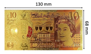 10 FUNTÓW BRYTYJSKICH Królowa Elżbieta II Pozłacany Banknot Kolekcjonerski