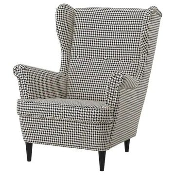 IKEA STRANDMON fotel uszak wzór pepitka czarny/beżowy