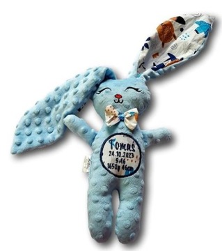 Króliczek królik chrzest niebieski z imieniem datą metryczką pamiątka bunny