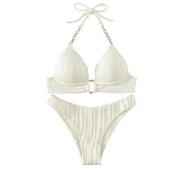 New Sexy Split Solid Color Bikini Striped Pearl Ne