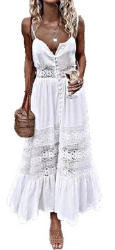 MD biała sukienka boho maxi na ramiączkach | XL