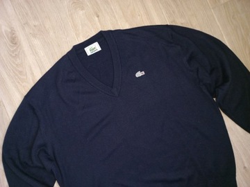 Lacoste ___ męski sweter V-neck navy blue wool acrylic ___ L