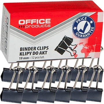 KLIPY BIUROWE DO AKT DOKUMENTÓW OFFICE PRODUCTS KLIPSY 19mm CZARNE 12 SZTUK