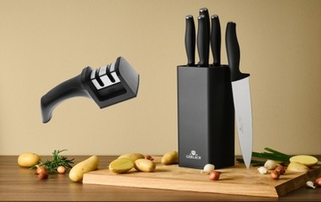 Набор из 5 кухонных ножей в черном блоке, сталь Gerlach Comfort, точилка 2в1