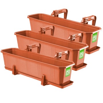 3x БАЛКОННЫЙ ЯЩИК 60см ТЕРРАКОТОВЫЕ РУЧКИ