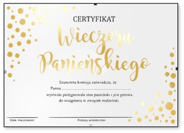 Certyfikat w antyramie Wieczór Panieński złocony