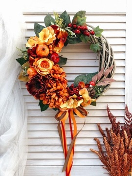 ОСЕННИЙ ВЕНОК ДЛЯ ДВЕРИ, ЦВЕТОЧНЫЙ ВЕНОК, ПЛЕТЕННЫЙ КРЕМ, ТЫКВЫ