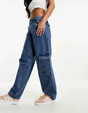 Monki fsz szerokie nogawki spodnie kieszenie jeans zip bojówki S NG7