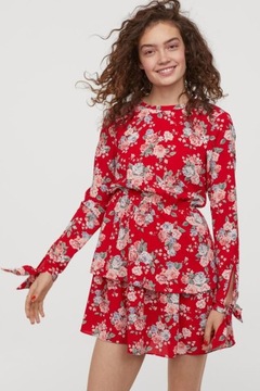H&M kwiaty sukienka baskinka falbanki kokardki czerwona wycięcie plecy y2k