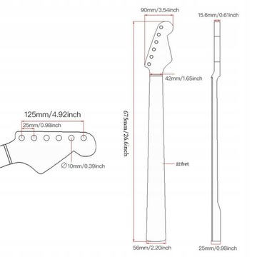 Гитарный гриф, 22 лада, гладкая древесина клена.
