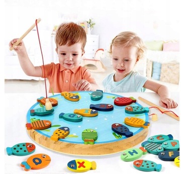 Drewniana MONTESSORI Gra Wędkarska rybki Zabawka