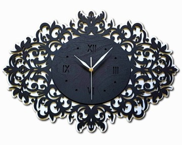 AŻUROWY,DUŻY ZEGAR ŚCIENNY,VINTAGE, HANDMADE,DREWNO,PIĘKNA DEKORACJA,CZARNY