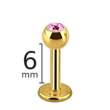 złoty LABRET Z RÓŻOWĄ CYRKONIĄ STAL 316L 1,2/6/3mm